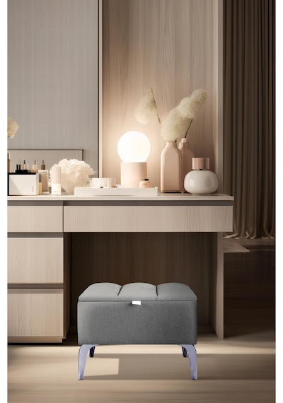 Vetra Mini Royal Gri Kumaş Sandıklı Dekoratif Puf&bench-dilimli Model-gümüş Ayak-modern Puf
