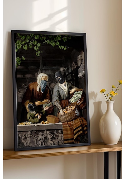 Modern Art Para Temalı Maskeli Figürler Çerçeveli Tablo Ofis Ve Ev Hediyesi Şık Dekor Modifiye Sanat