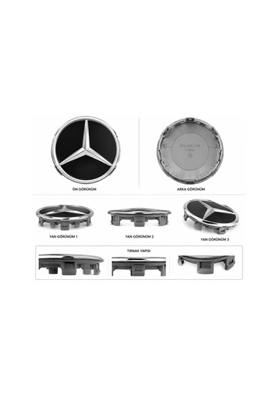 Mercedes Jant Göbeği Göbek Kapağı 4 Adet Siyah Jant Orta Kapak