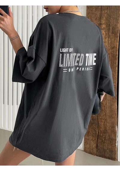 Flood Of Style Kadın Füme Oversize Limited Time Baskılı Tshirt Gri