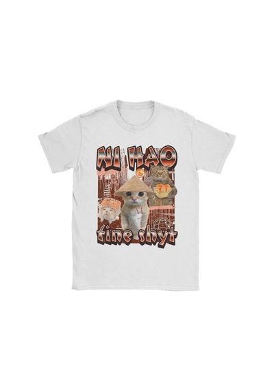 Startmore Beyaz Ni Hao Ince Shyt Meme Tee Lar İçin Baskılı Komik Kedi Bootleg Kıyaf Beyaz