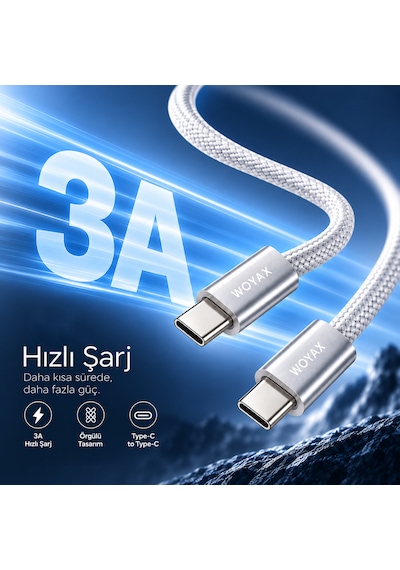 Woyax Samsung Xiaomi Oppo Reeder Huawei Için Örgülü Type C To Type C Hızlı Şarj Kablosu Beyaz 1,2m