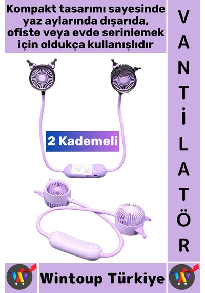 Vantilatör Sessiz Çalışma Kablosuz Taşınabilir Usb Şarjlı 2 Kademeli Sevimli Boyun Fanı Vantilatör