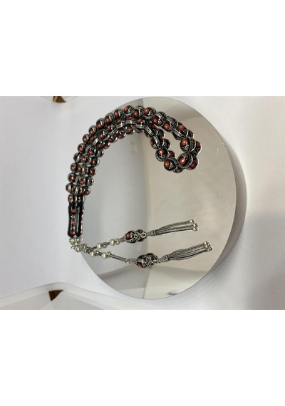 Tesbih Tsbh0109bc 925 Ayar Gümüş Püsküllü Gümüş-mercan İşlemeli Küre Kesim Usta El İşçilikli Erzurum Oltu Tesbih