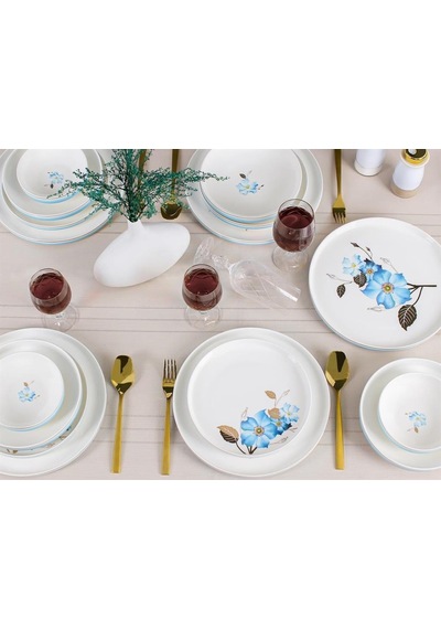 Sembol Blue Rose Mavi Gül Desen Bone Chine Porselen 24 Parça Yemek Takımı Vogue008