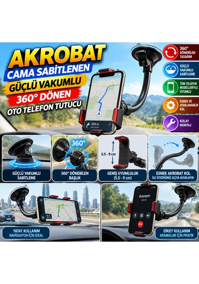 Kahveci.store Akrobat Cama Sabitlenen Güçlü Vakumlu 360 Derece Dönen Tüm Modellere Uyan Oto Telefon Tutucu 22 Standart