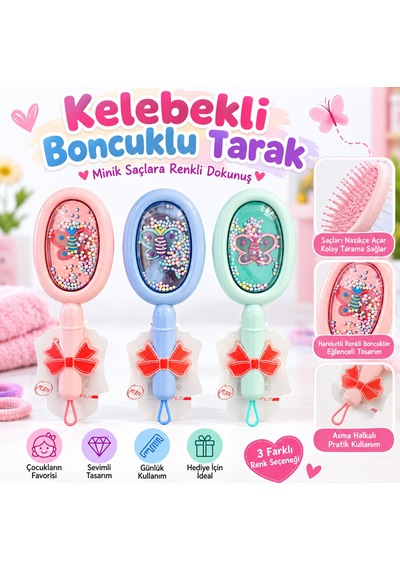 Bakgelal Kelebekli Boncuklu Çocuk Saç Fırçası Renkli Hareketli Boncuklu Sevimli Tarak - 9017036179281