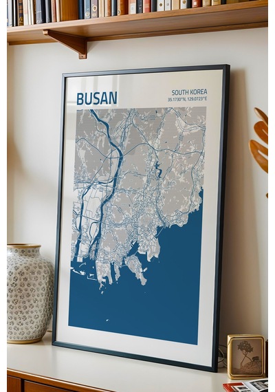 Busan Güney Kore Haritası Çerçeveli Tablo Lüks Salon Ofis Duvar Dekorasyonu Hediyelik Tablo
