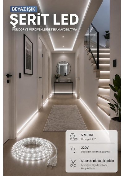 Tr 5 Metre Beyaz Şerit Led, 220v, 5 Cm'de Kesilebilir, Dekoratif Aydınlatma Diğer