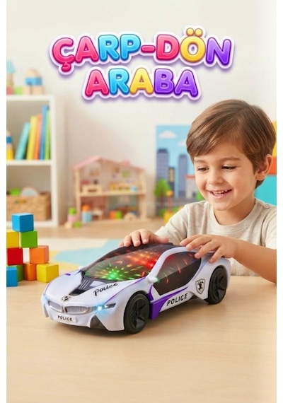 Çarp Dön Araba 1:18 Ölçekli 25 Cm Müzikli Ve 3d Işıklı Pilli Eğlenceli Oyuncak Polis Arabası Beyaz