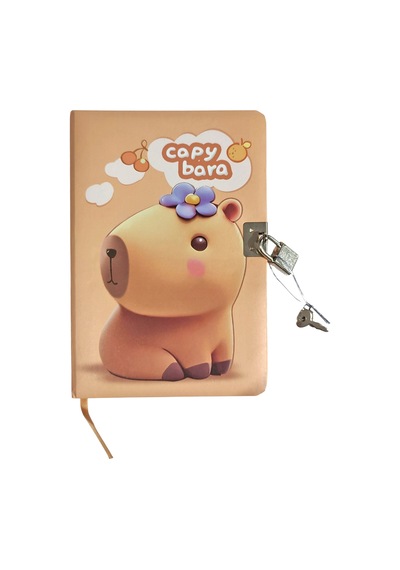 Capybara Hatıra Defteri Günlük Kilitli Defter 80 Yaprak - Süslü Kahverengi