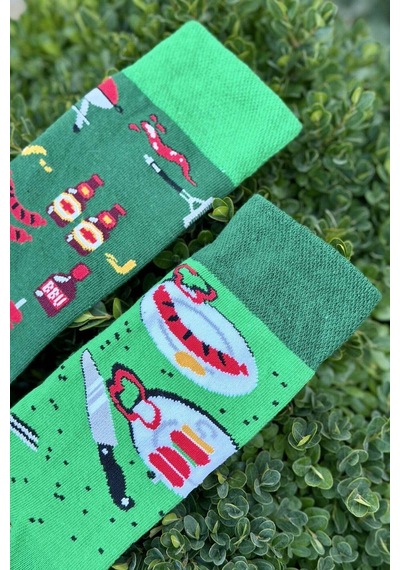 Lousocks Unisex Sağlı Sollu Mangal Partisi Desenli Yeşil Soket Çorap