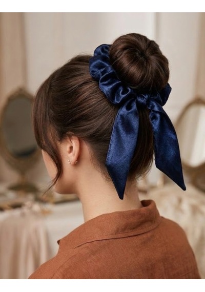 Handmade İpek Saten Fiyonklu Scrunchie Saç Tokası Lacivert