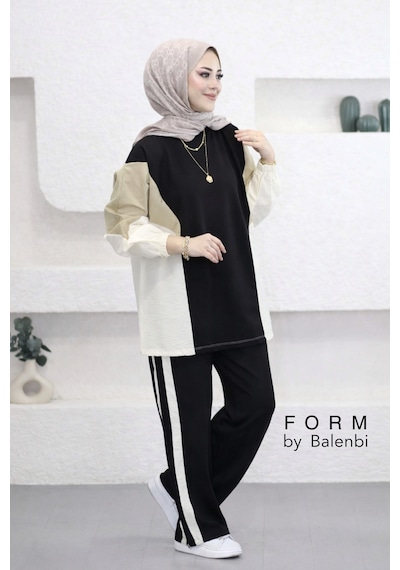 Balenbi Oversize Çift Garni Detaylı Şeritli Modal Tesettür Kadın Takım 1198 - Form Serisi Siyah Balenbi Oversize Çift Garni Detaylı Şeritli Modal Tesettür Kadın Takım 1198 - Form Serisi Siyah