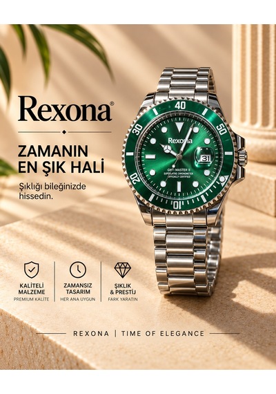 Rexona Erkek Kol Saati Çelik Kordon Yeşil Kadran 44 Mm Quartz Tarih Göstergeli Beyaz