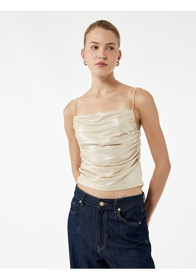 Koton Drape Detaylı Slim Fit Simli İp Askılı Bluz Bej 5sak10761ek Ekru