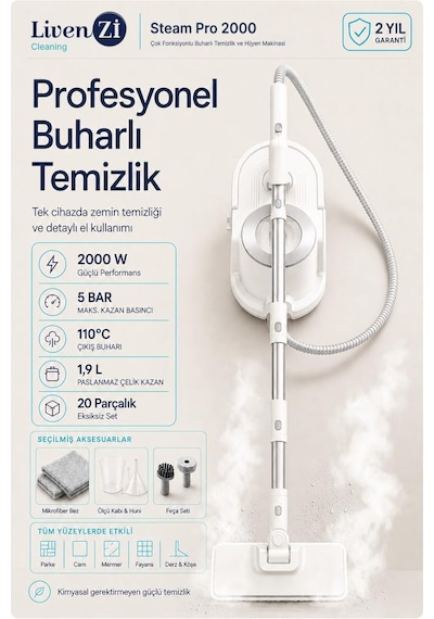 Livenzi Steam Pro 2000 Çok Fonksiyonlu Buharlı Temizlik & Hijyen Makinesi Beyaz