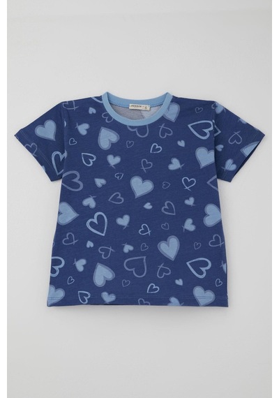 Breeze Kız Çocuk Şortlu Pijama Takımı Kalp Desenli 4-8 Yaş, İndigo