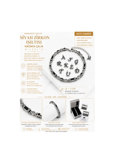 Rodyum Kaplama B-105 Kromix Çelik Erkek Bilelik Siyah Zirkon Taşlı Harfli 5 Mm Kalınlık Gümüş