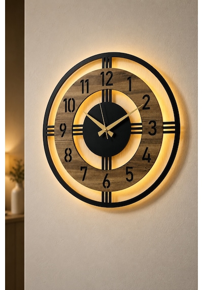 Pey Aksesuar Işıklı Ahşap Duvar Saati 48 Cm Dekoratif Modern Tasarım Kahverengi