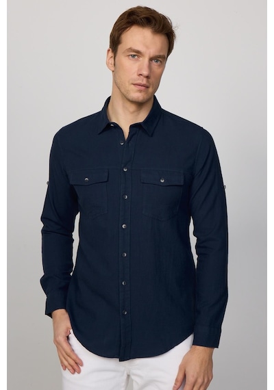 Tudors Slim Fit Uzun Kol Çift Cep Pamuk Keten Spor Yaka Lacivert Erkek Gömlek-29634-lacivert Lacivert