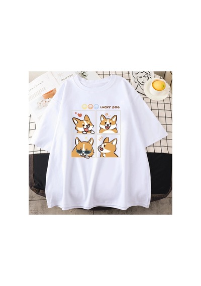 Tarzsokak Beyaz Şanslı Köpek Chai Gou'nun Dört Farklı Ruh Hali Tee Grafik Tshirt Yumuş