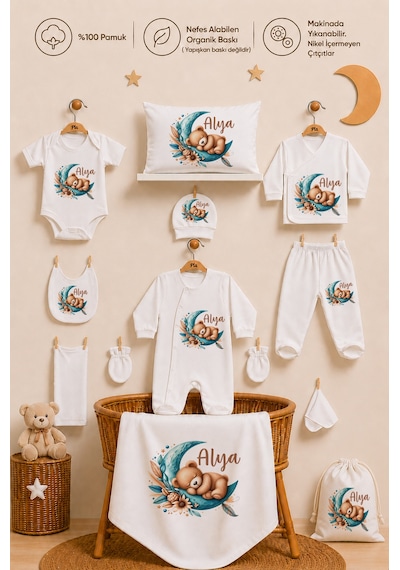 Pia Baby Kız Bebek Hastane Çıkışı 12 Parça %100 Pamuk İsme Özel Organik Baskılı Kese Hediyeli 101211k3x Ekru