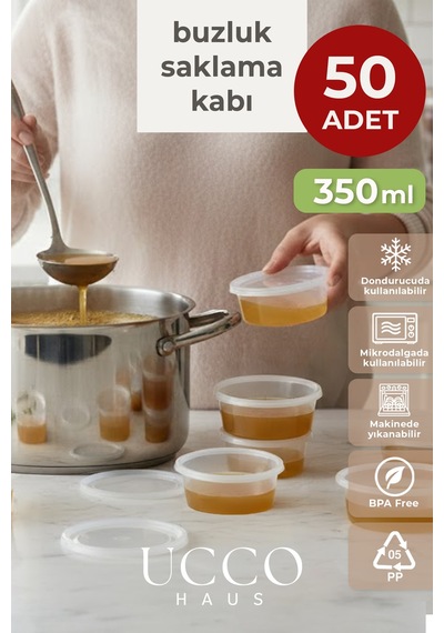 50 Adet 350 Ml Sızdırmaz Kapaklı Sosluk Buzluk Saklama Kabı, Et Suyu, Kemik Suyu Mutfak Organizeri Şeffaf