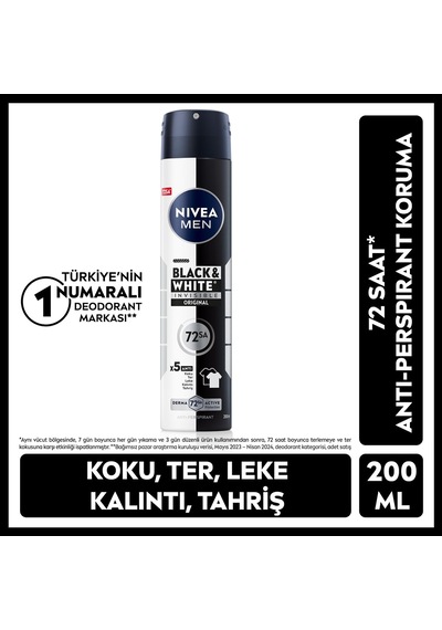 Erkek Sprey Deodorant Black&white Invisible Original 200 Ml, 72 Saat Anti-perspirant Ter Koruması,ekonomik Boy