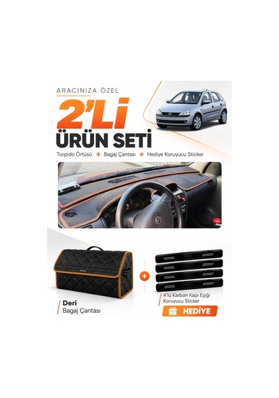 E-biz Opel Corsa C 2001-2011 Uyumlu Torpido Örtüsü + Deri Bagaj Çantası - Siyah-kahverengi - Op007