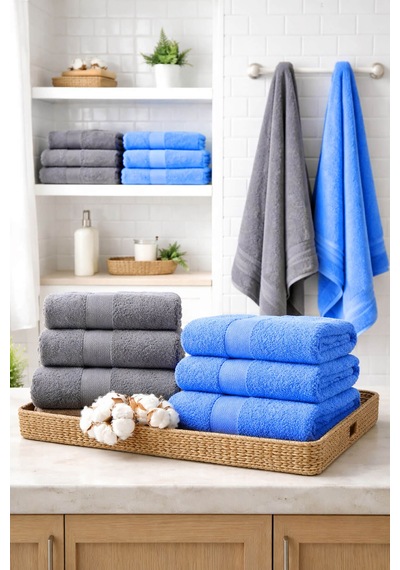 8 Parça %100 Pamuklu Aile Havlu Seti - 4 Adet 70x140 Cm & 4 Adet 50x90 Cm Deeper Antrasit-Mavi