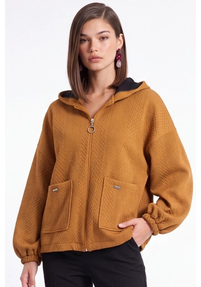 CEMO Çift Cepli Fermuarlı Kapüşonlu Desenli Sweatshirt Ceket Taba