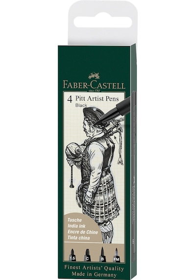 Faber-Castell Pitt Artist Pen Çizim Kalemi Seti, 4’lü (1,5, C, B, FM Uç),Suya ve Solmaya Dayanıklı,Kalıcı Mürekkep