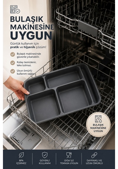 6 Adet 5 Bölmeli Bpa İçermez Lüks Plastik Piknik Yemek Servis Tabağı-tabldot Servis Tabağı Antrasit-21 31 3,5 Cm
