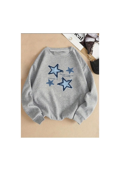 Herkesemoda Yıldız Baskı Detaylı Bisiklet Yaka İçi Polarlı Sweatshirt Gri