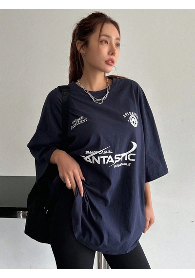 Fantastıc Süprem T-shirt - Lacivert Baskılı Oversize Bisiklet Yaka Tişört Lacivert-75049 Fantastıc Süprem T-shirt - Lacivert Baskılı Oversize Bisiklet Yaka Tişört Lacivert-75049