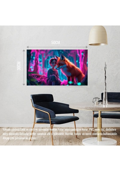 Tilki Neon Ormanda Bir İnsanla Etkileşim Mistik 04 Çerçevesiz 50x30 Cm Pvc Tablo