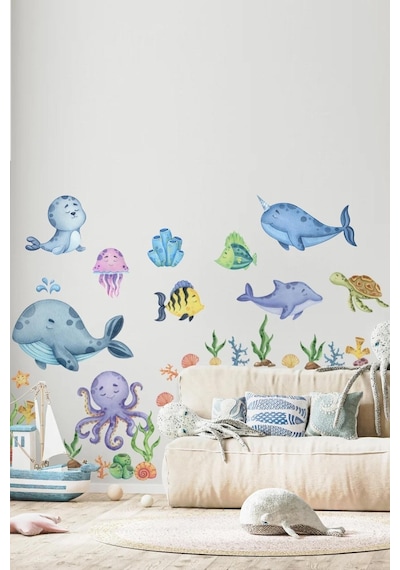 MSticker Eğitici Sevimli Deniz Hayvanları Ve Bitkiler Sticker Seti Büyük Boy