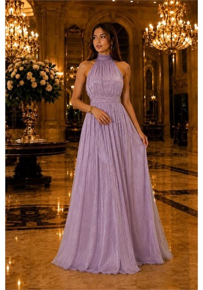 Neşeli Butik Kadın Lila Halter Yaka Janjan Kumaş Premium Abiye Elbise Nbmy4128