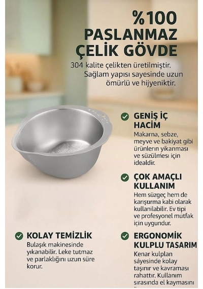 304 Çelik Mutfak Sebze Bakla Pirinç Yıkama Makarna Süzme Süzgeci Açık Gri