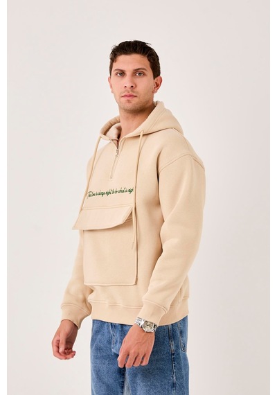 X-4005 Kapüşonlu Yarım Fermuarlı Sweat Bej