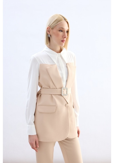 Sateen Ceket Görünümlü Gömlek - Bej-136791 bej