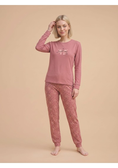 Wordex Fawn 6000 İnterlok Fiyonk Desenli Kışlık Ev Kadın Pijama Takımı Gül Kurusu