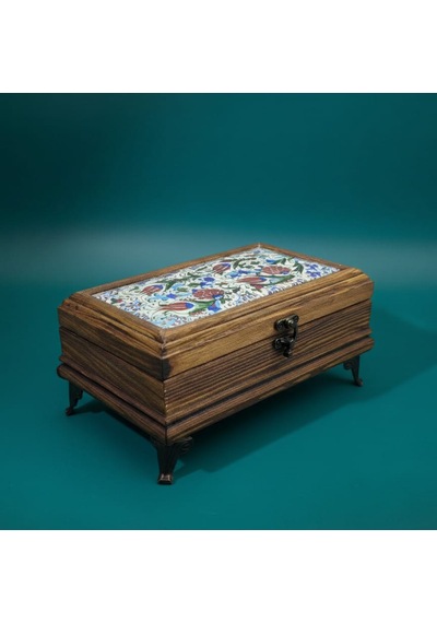 Mertek Ahşap Mücevher Kutusu - %100 El Yapımı - Çam Ağacı Ve Seramik - 18,5x11,5x9 Cm Kahverengi