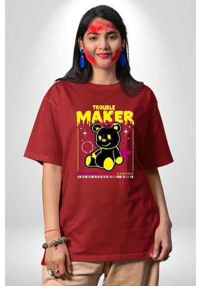Baş Belası Teddy Pamuklu Bisiklet Yaka Unisex Oversize Boyfriend Dijital Baskılı Kırmızı T-shirt Kırmızı