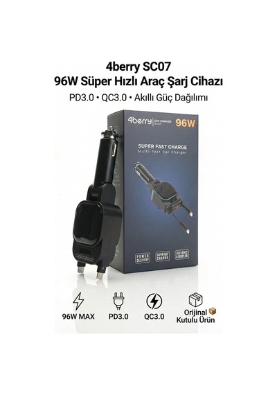 Sc07 96w Araç Şarj Cihazı Pd3.0 & Qc3.0 Hızlı Şarj, Çift Toplanabilir Kablo Type-c + Lightning , Led Ekran,