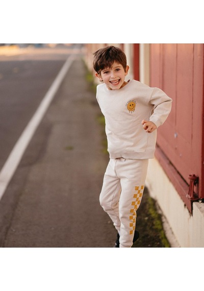 Antebies Bej Sarı Smiley Baskılı Uzun Kollu Manşetli Erkek Çocuk Sweatshirt Krem