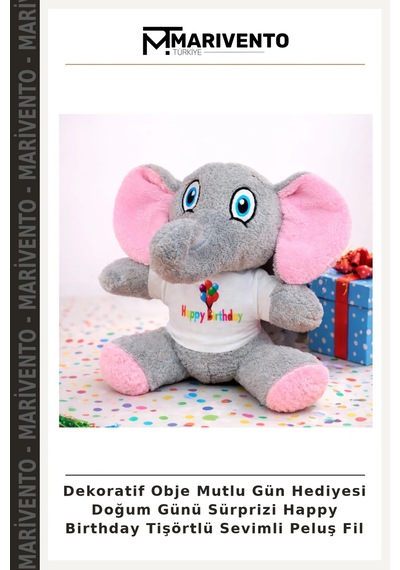 Dekoratif Obje Mutlu Gün Hediyesi Doğum Günü Sürprizi Happy Birthday Tişörtlü Sevimli Peluş Fil Çok Renkli