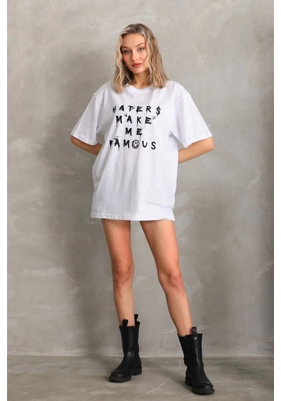 Kadın Ön Ve Arka Baskılı Oversize Kısa Kol T-shirt - Beyaz Beyaz