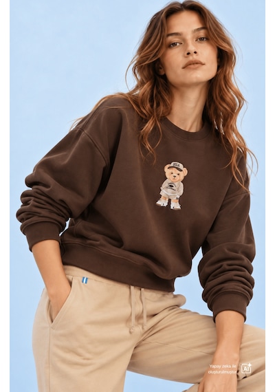 UCLA Cardı Koyu Kahve Baskılı Pamuk Bisiklet Yaka Loose Fit Kadın Sweatshirt Koyu Kahverengi